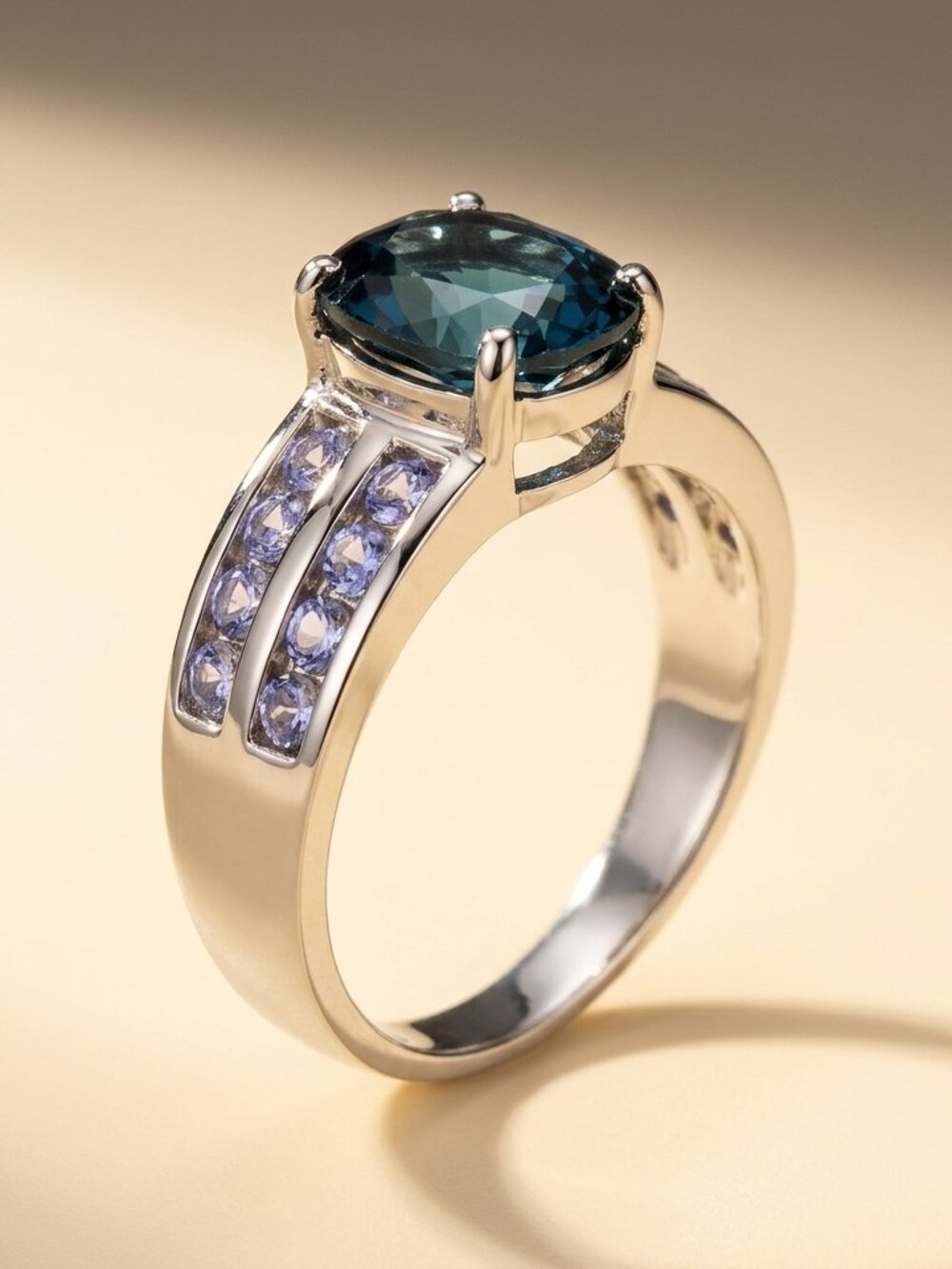 14K White Gold - Solid Sterling Silver 0.64 CTW 16 Tanzanites 2.80 CTW Ring